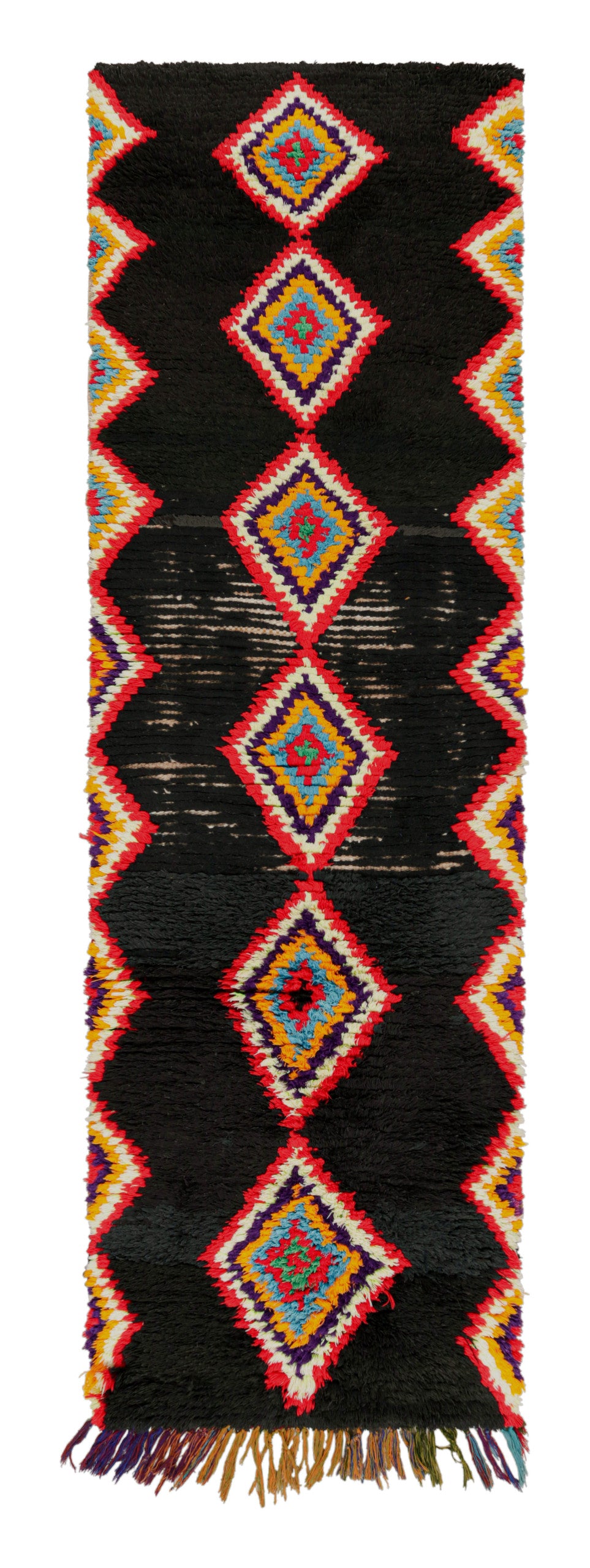 Polychromatic Diamonds on Black - Moroccan Shag Runner Rug