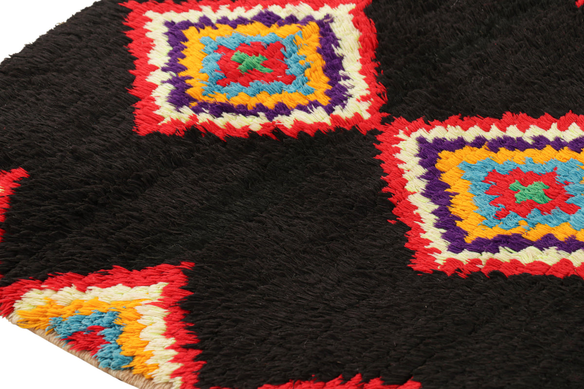 Polychromatic Diamonds on Black - Moroccan Shag Runner Rug