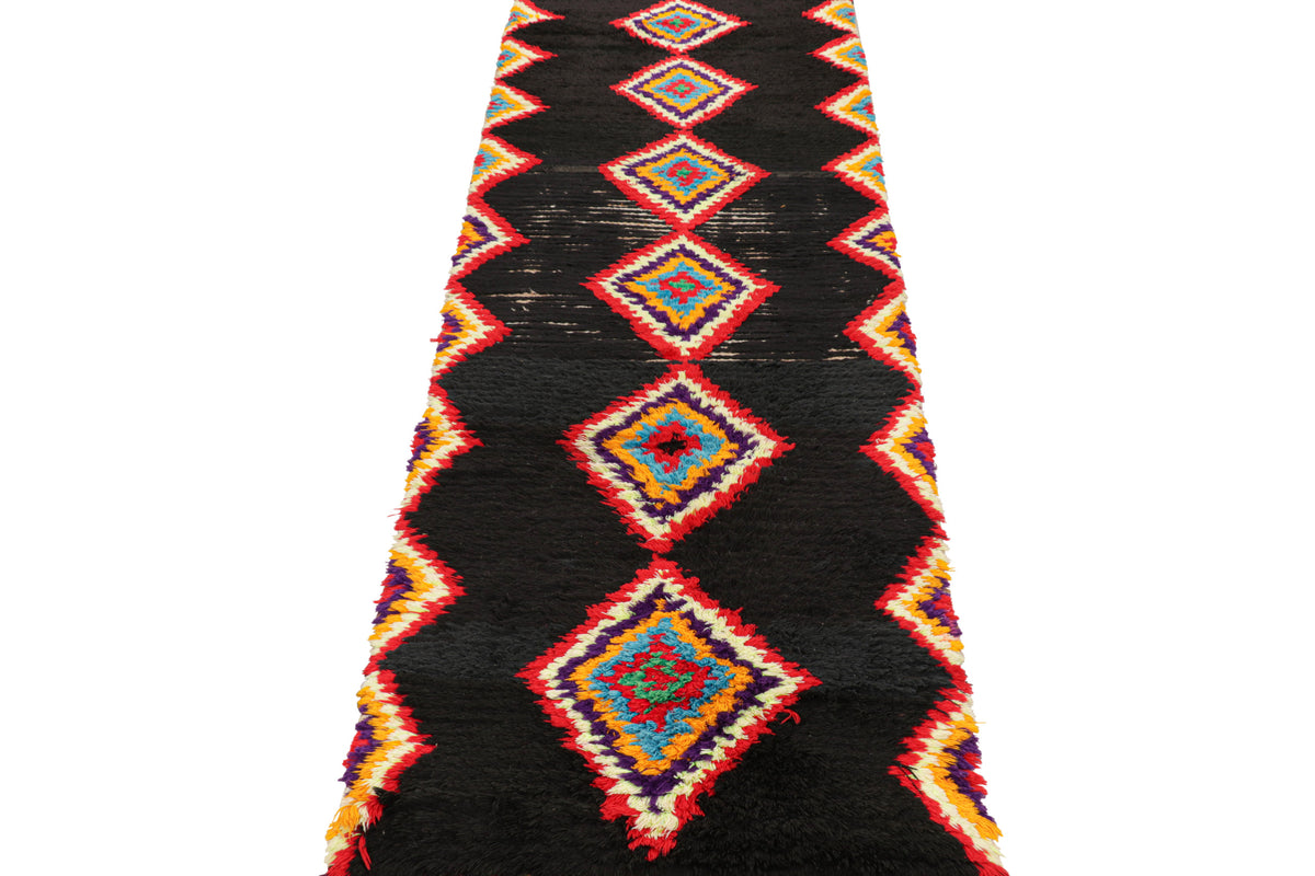 Polychromatic Diamonds on Black - Moroccan Shag Runner Rug