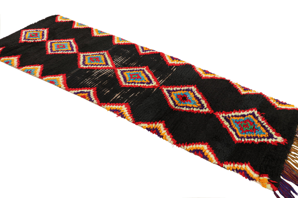 Polychromatic Diamonds on Black - Moroccan Shag Runner Rug