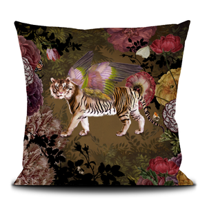 Decorative velvet throw pillow with tiger design.
