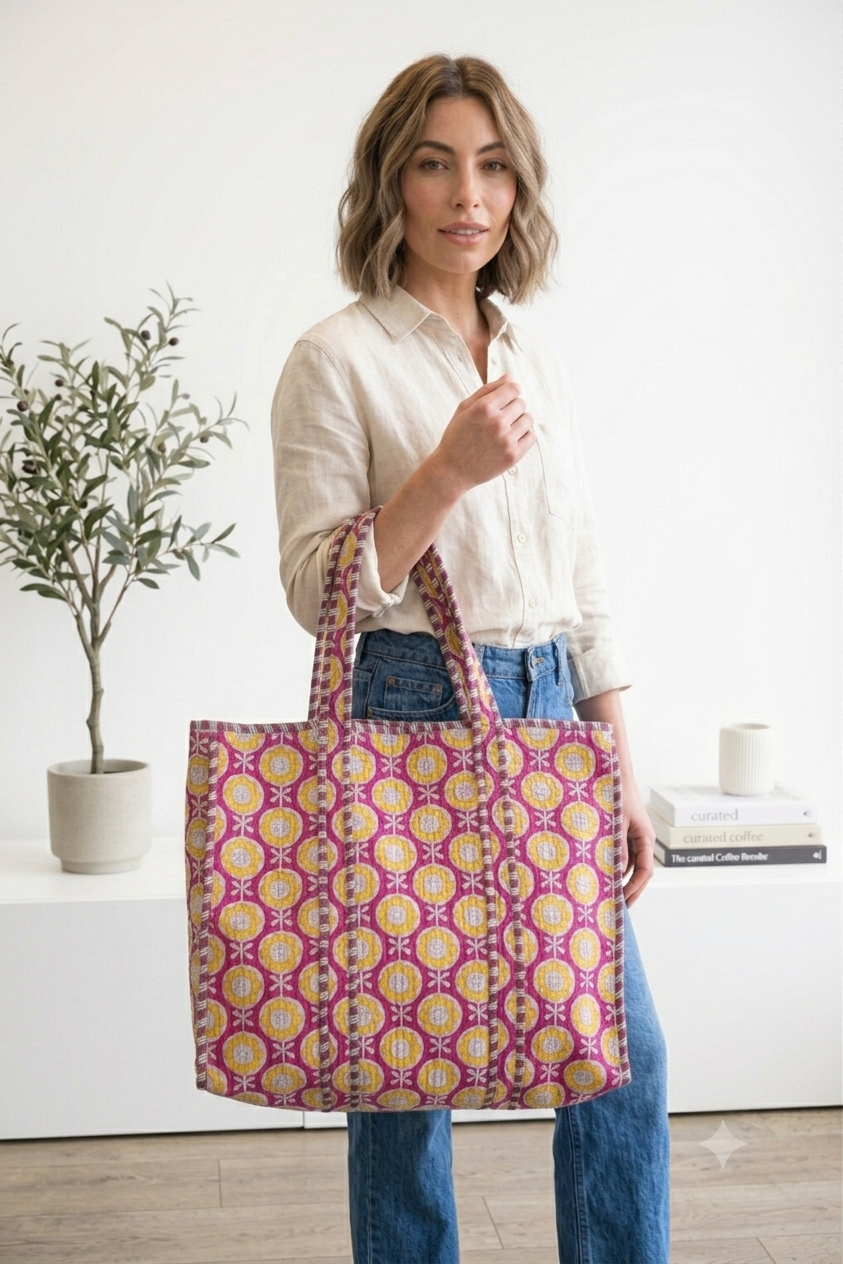 Yellow Mums & Pink Trellis - Quilted Cotton Tote Bag