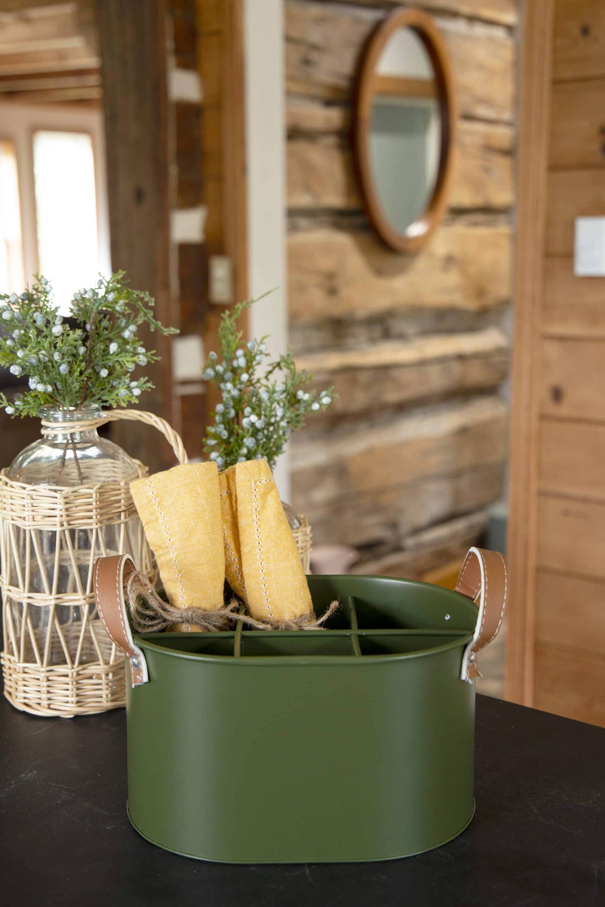 Oval metal divided caddy- dark green