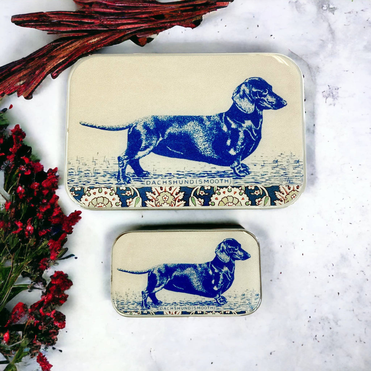 Dachshund notions tin, stitch marker tin