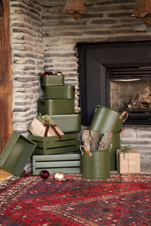 round metal dark green tubs with brown ear handles