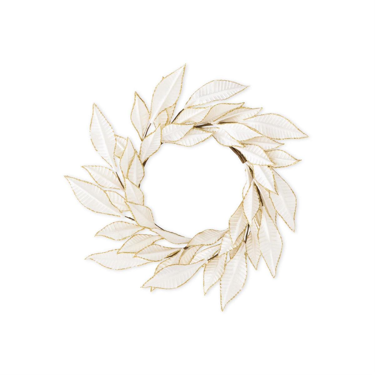 14" White Velvet Leaf Candle Ring With Gold Trim