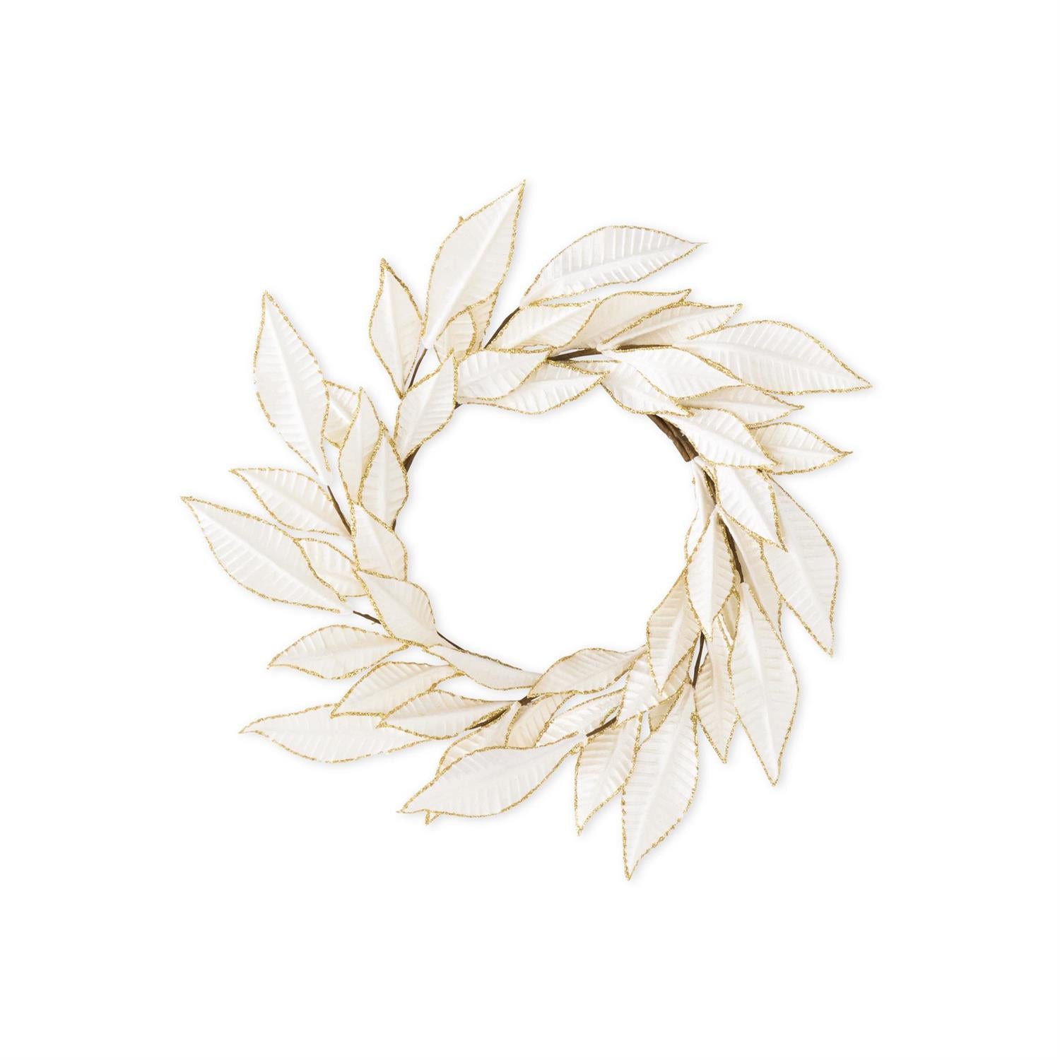 14" White Velvet Leaf Candle Ring With Gold Trim