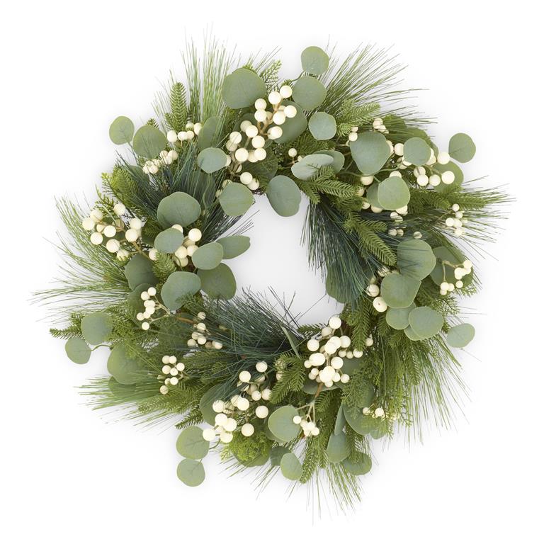 22" Long Needle Pine Eucalyptus & White Berry Wreath