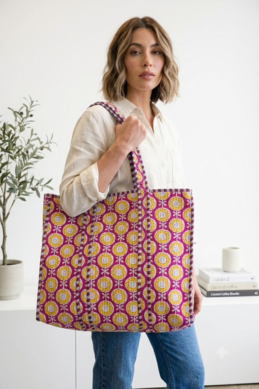 Yellow Mums & Pink Trellis - Quilted Cotton Tote Bag