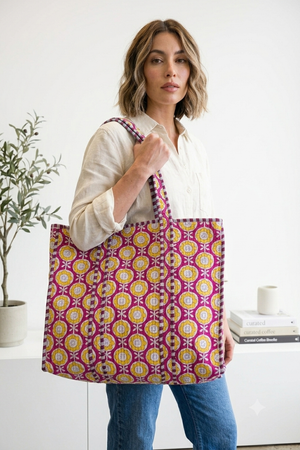 Yellow Mums & Pink Trellis - Quilted Cotton Tote Bag