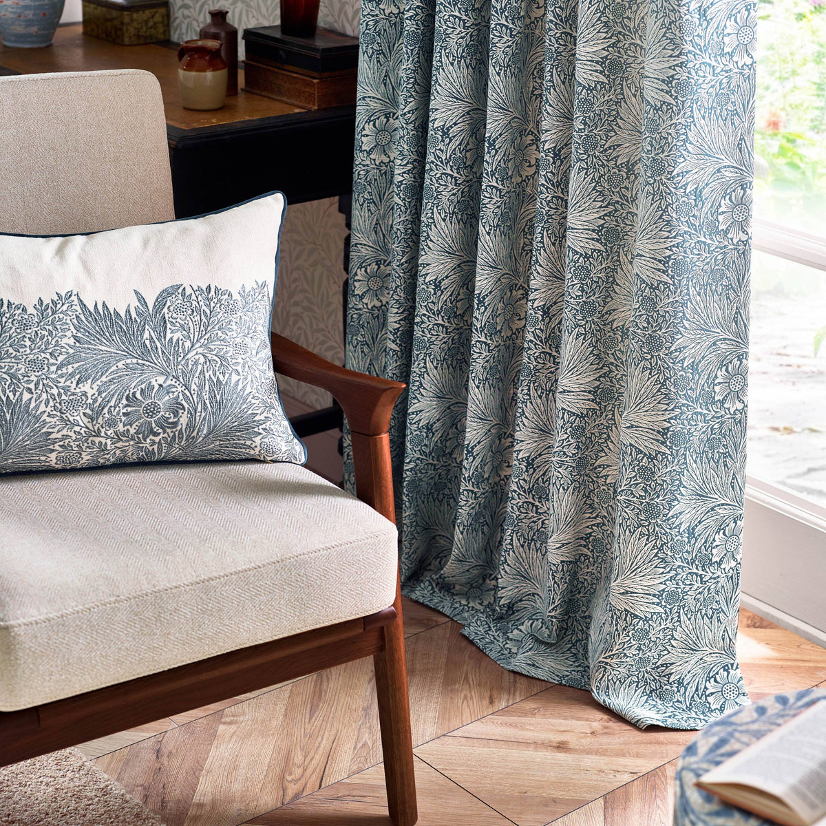 Marigold Embroidered Cushion Indigo