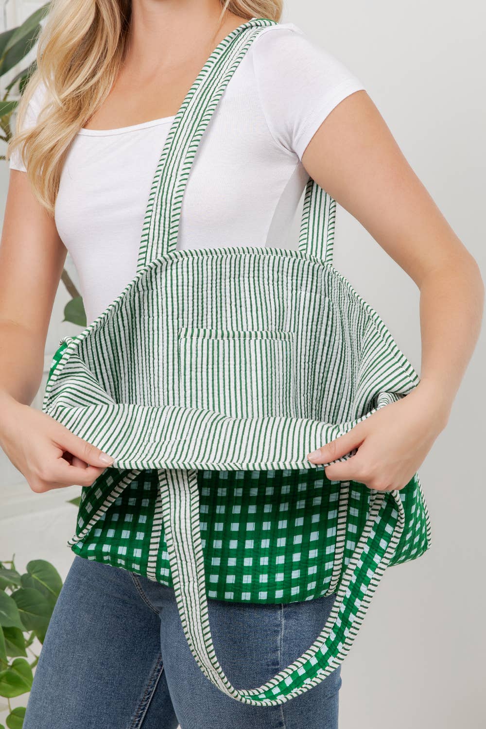 Green Checker - Quilted Cotton Tote Bag