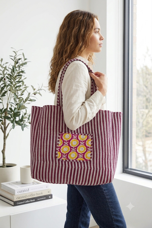 Yellow Mums & Pink Trellis - Quilted Cotton Tote Bag