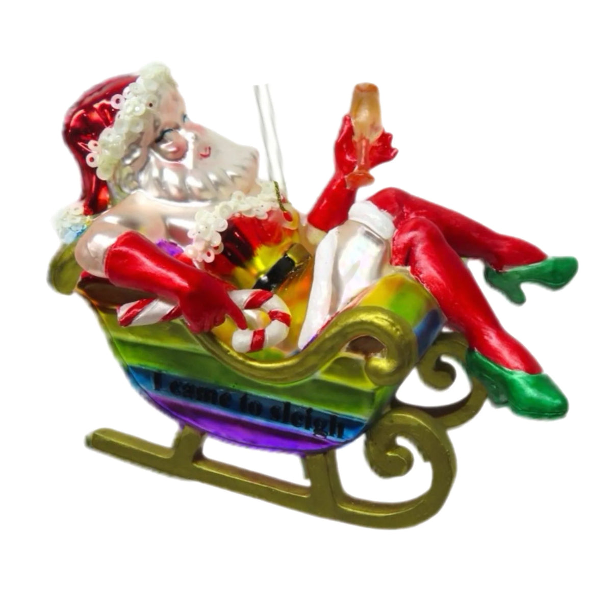 Drag Santa In Rainbow Sleigh - Blown Glass Ornament