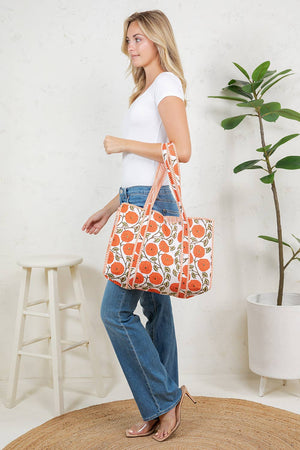 Chrysanthemum Coral Quilted Tote Bag