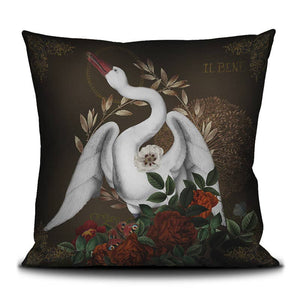 Decorative velvet throw pillow with swan design.