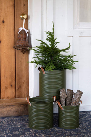 round metal dark green tubs with brown ear handles