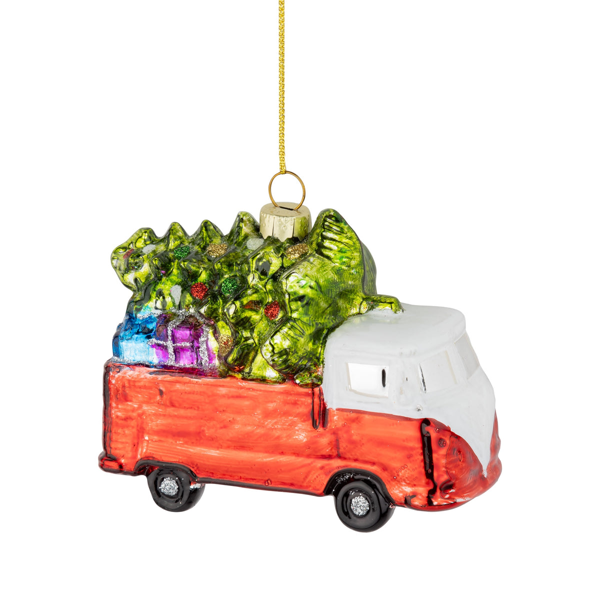 Glass Red Van Ornament Carrying A Christmas Tree