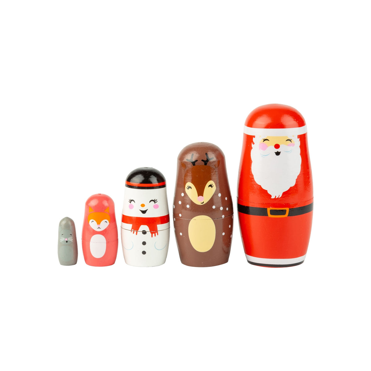 Santa & Reindeer Friends - Set of 5 Printed Wooden Nested Dolls