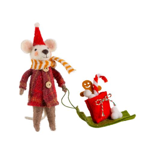 Pulling Gifts On Toboggan - Felt Mouse Ornament