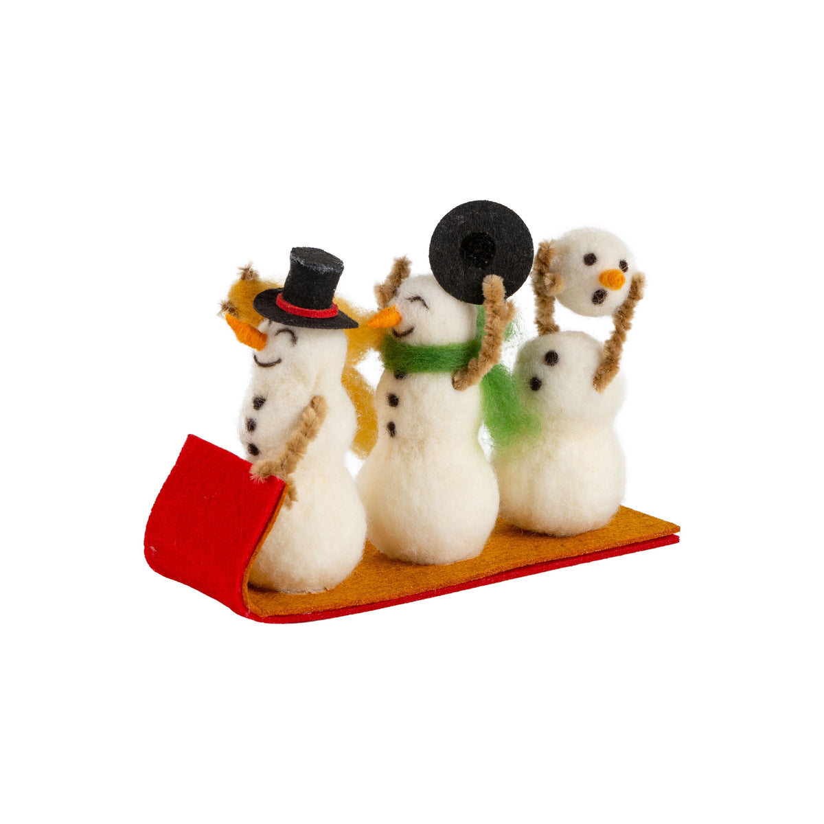 Three Snowman On Red Toboggan - Felt Ornament