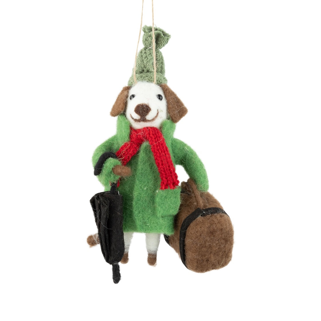 Felt Dog Ornament In Green Outfit With Umbrella