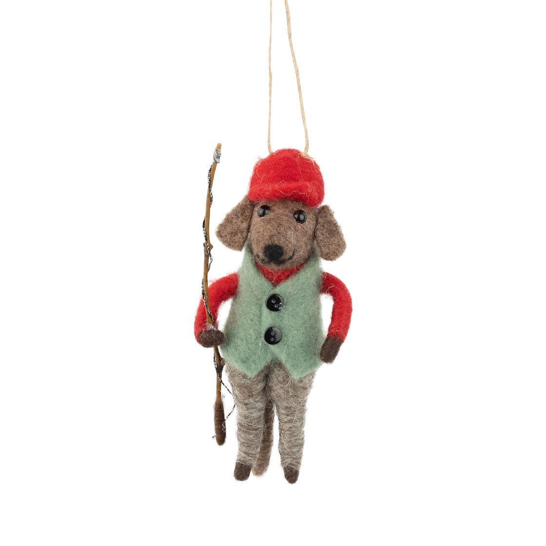 Felt Dog Ornament With Green Vest, Red Hat And A Fishing Pole