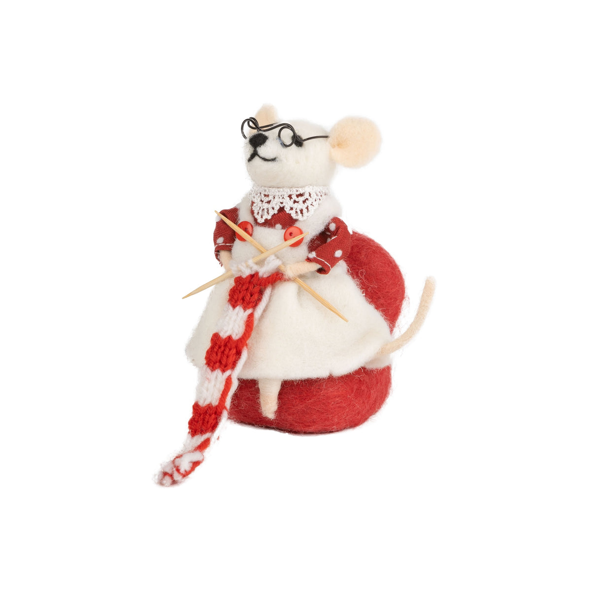 Knitting Mouse In Red Chair - Felt Mouse Ornament