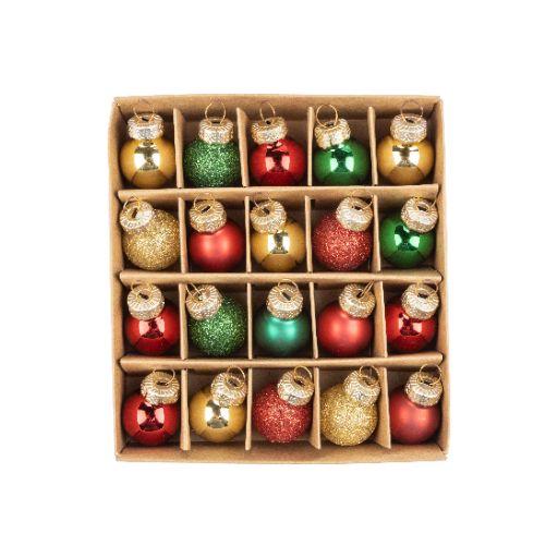 Set of 20 Mini Glass Ornaments In Red, Green & Gold