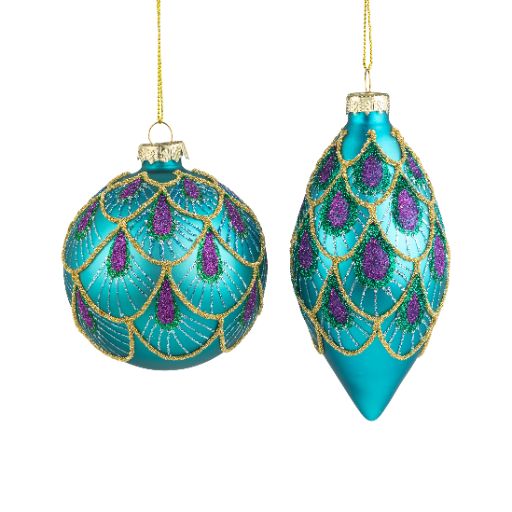 Glass Ornaments in Teal with Peacock Pattern