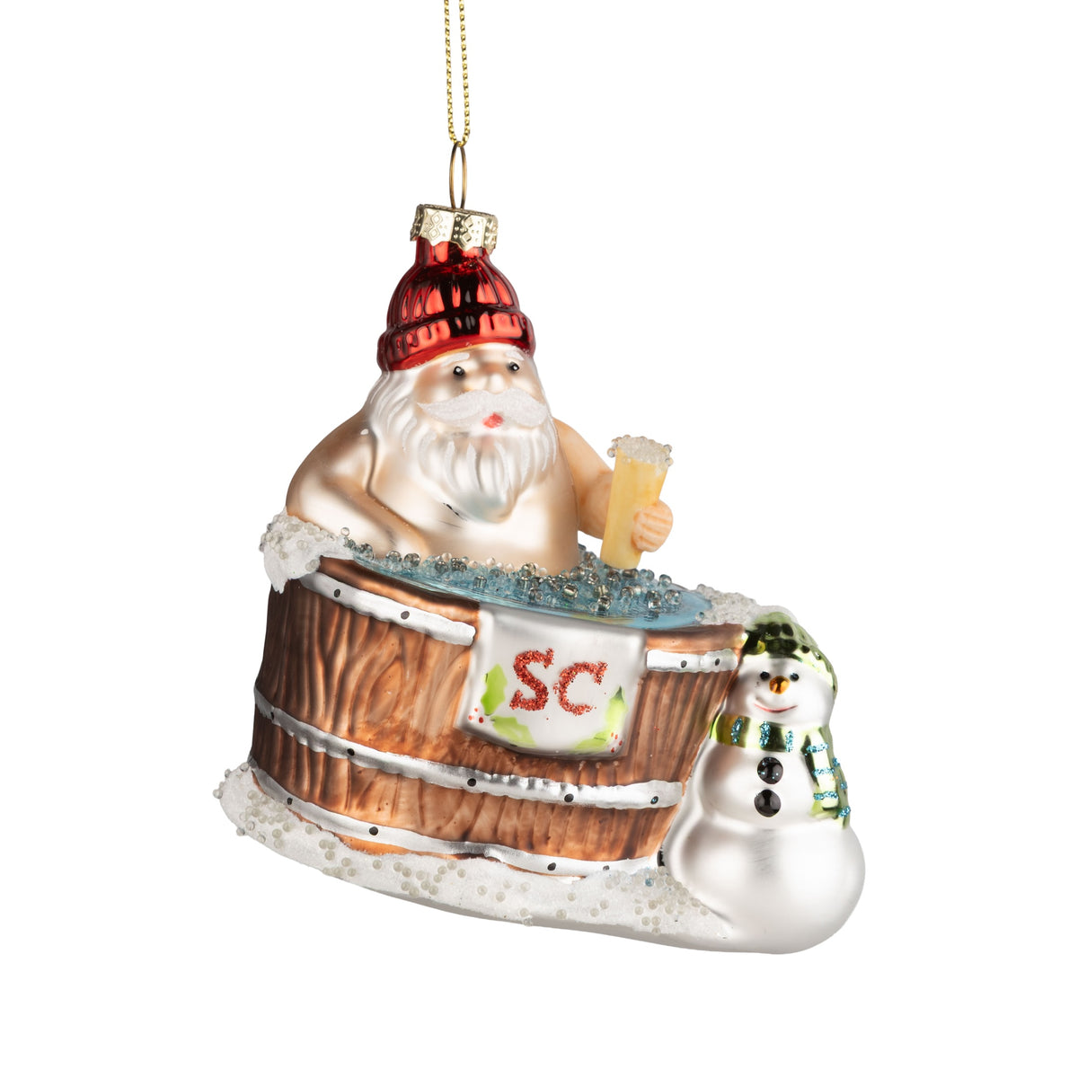 Glass Santa In Hot Tub With Snowman Ornament