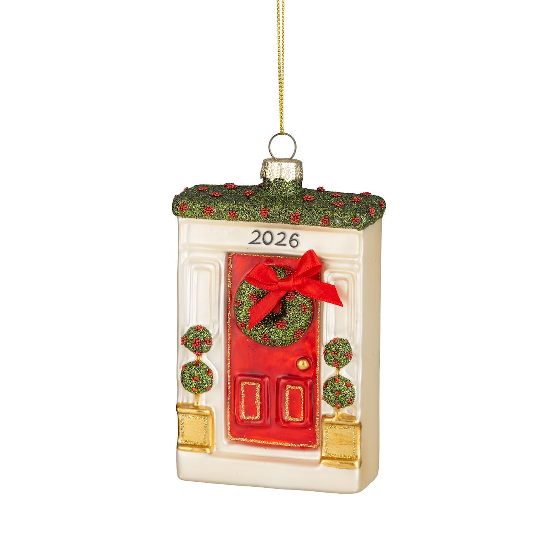 Front Door With Wreath & Topiaries - Glass Ornament