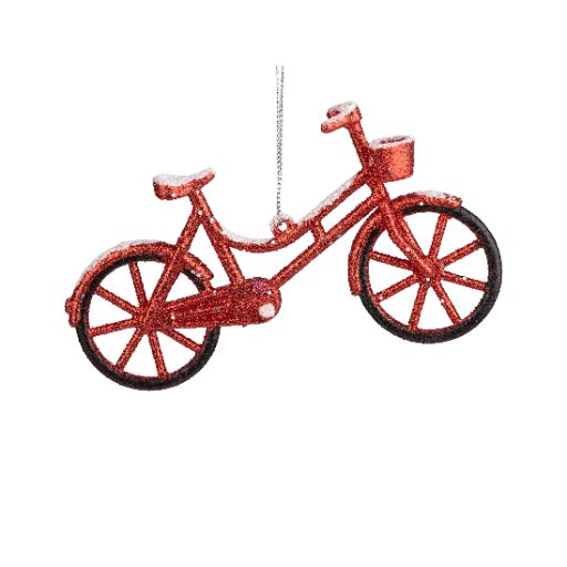Red Glittered Acrylic Bicycle Ornament With White Snow Accents