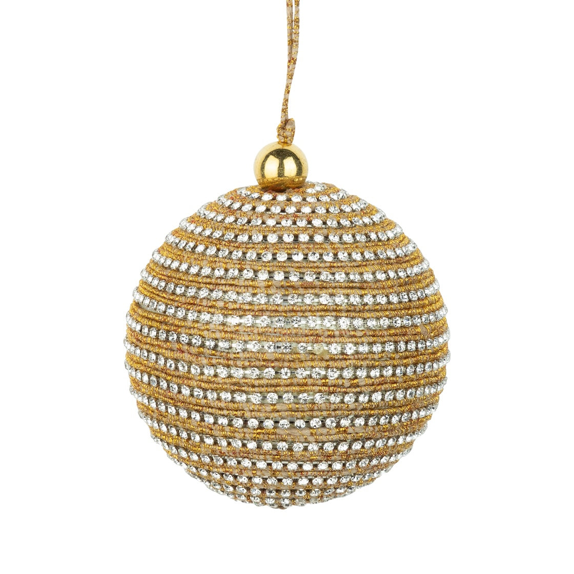 Gold Cord And Clear Glass Jewels On Metal Ball Ornament