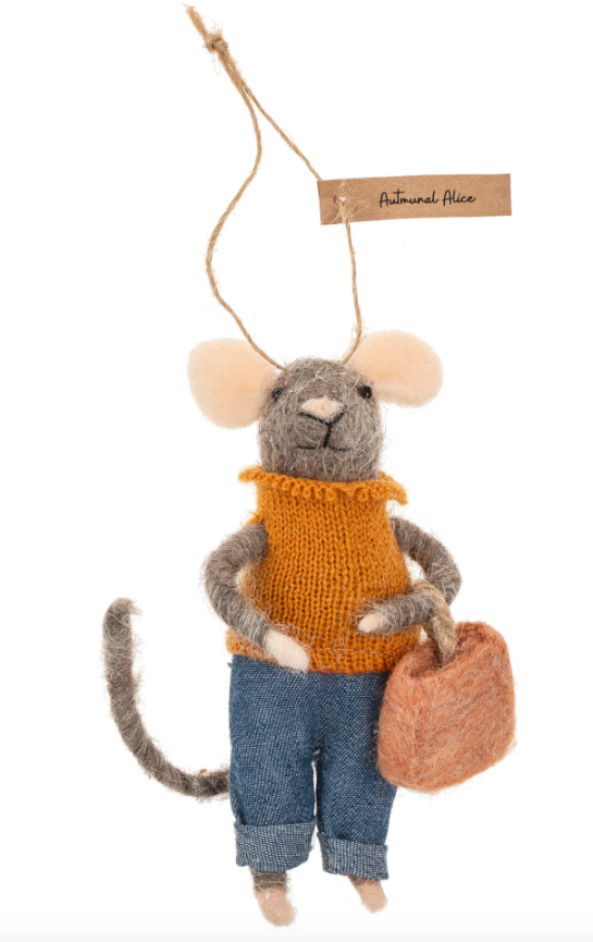 Felt brown mouse ornament in outfit with handbag.