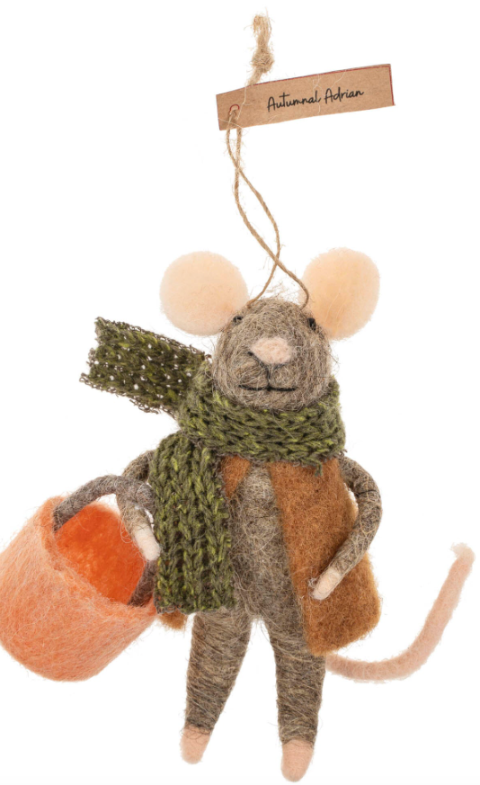 Dark brown felt mouse ornament with green scarf, brown vest, and bucket.