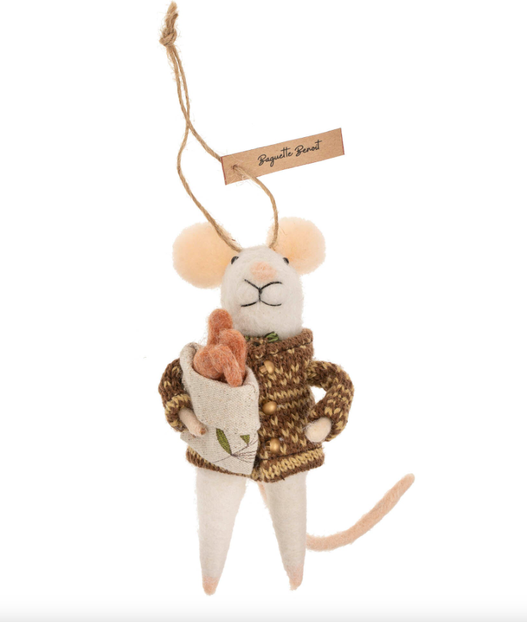 Felt mouse ornament with baguettes.