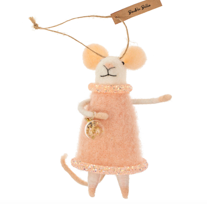 Felt mouse ornament in pink dress.