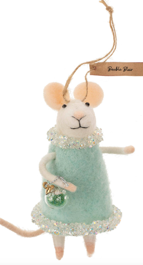 Felt mouse ornament in blue dress.