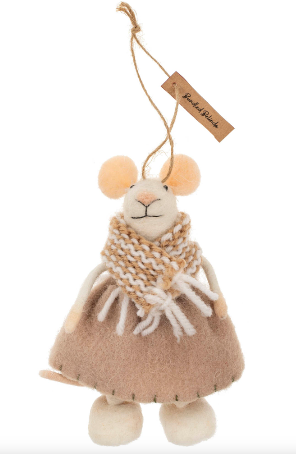 Wool felt mouse ornament in winter outfit.