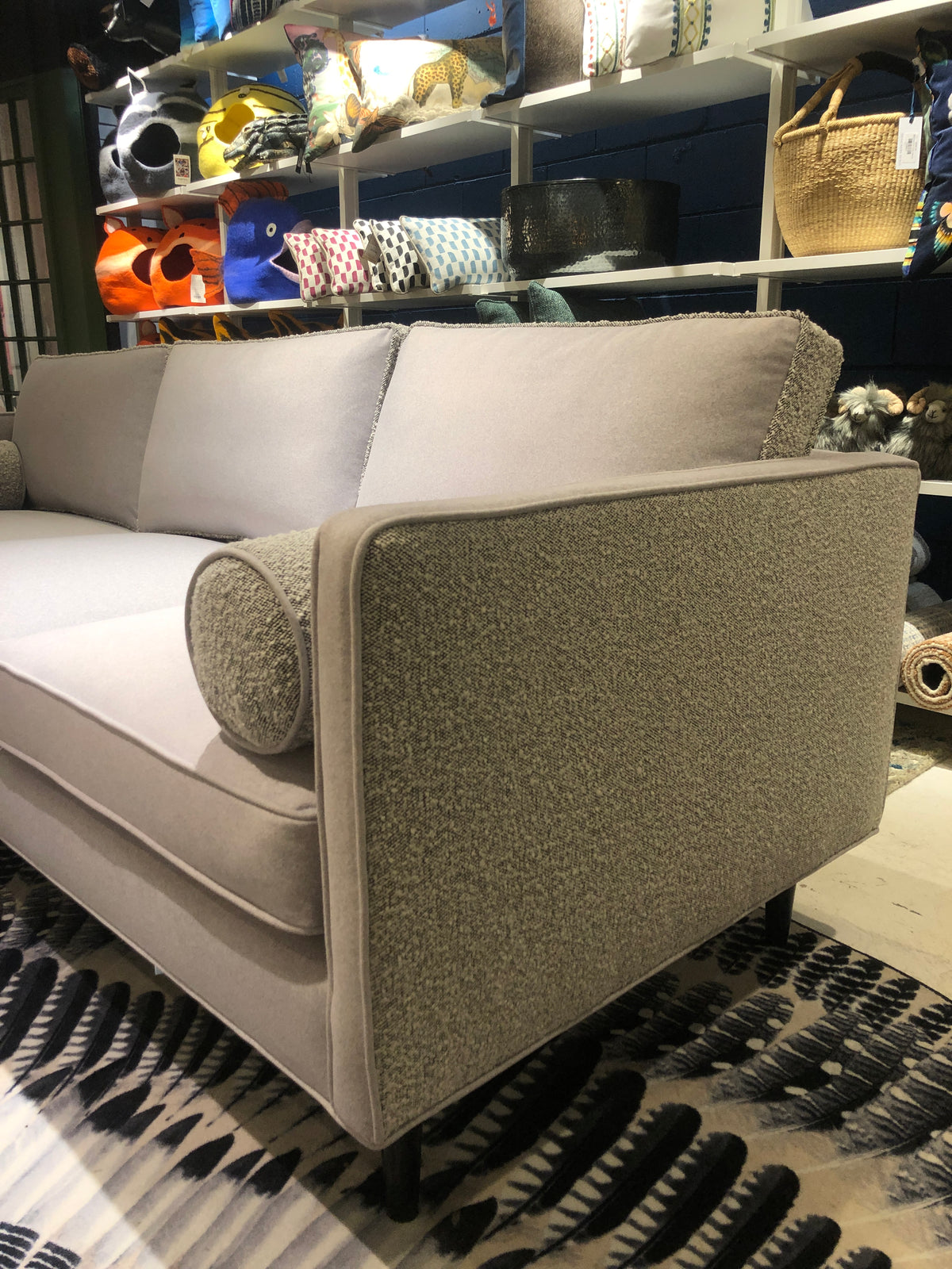 side view of custom made grey velvet sectional sofa