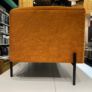 side view of custom sofa in burnt orange stain resistant fabric