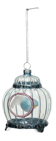 Glass Blue Birdcage w/ Bird Ornament