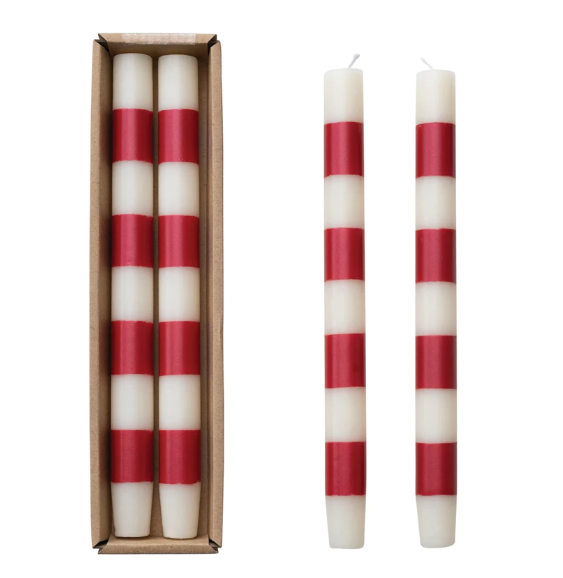 10"H Unscented Taper Candles w/ Stripes in Box, Set of 2