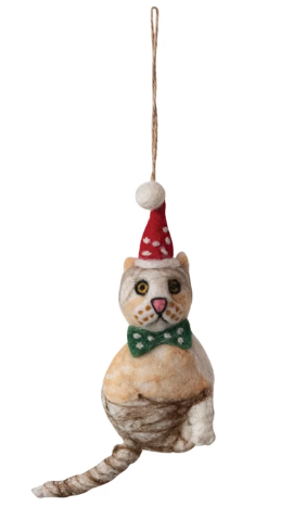 Felt Cat Ornament w/ Hat & Green Bow Tie