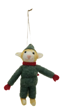 Handmade Wool Felt Cat in Green Winter Outfit Ornament