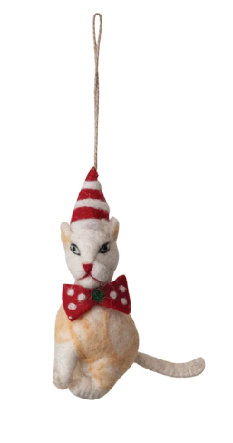 Felt Cat Ornament w/ Hat & Red Bow Tie