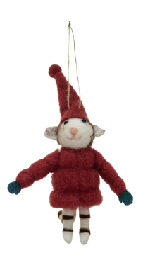 Handmade Wool Felt Cat in Red Winter Outfit Ornament