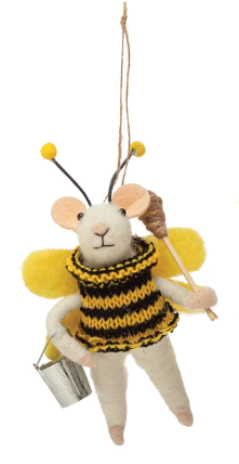 Felt mouse in bumble bee costume.