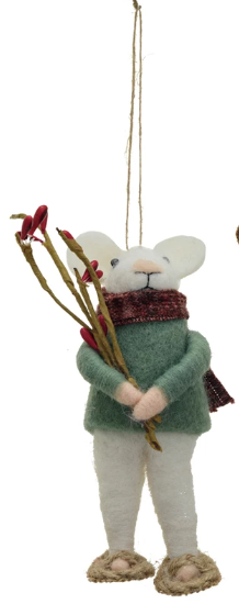 Wool Felt Mouse in Winter Outfit Ornament w/ Firewood